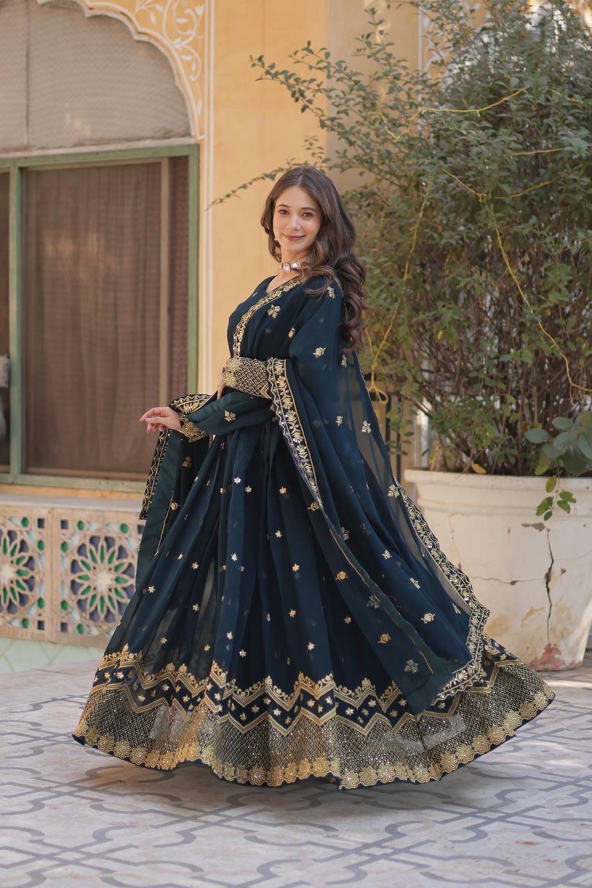 Elegant Faux Blooming Georgette Embroidered Gown Set with Dupatta