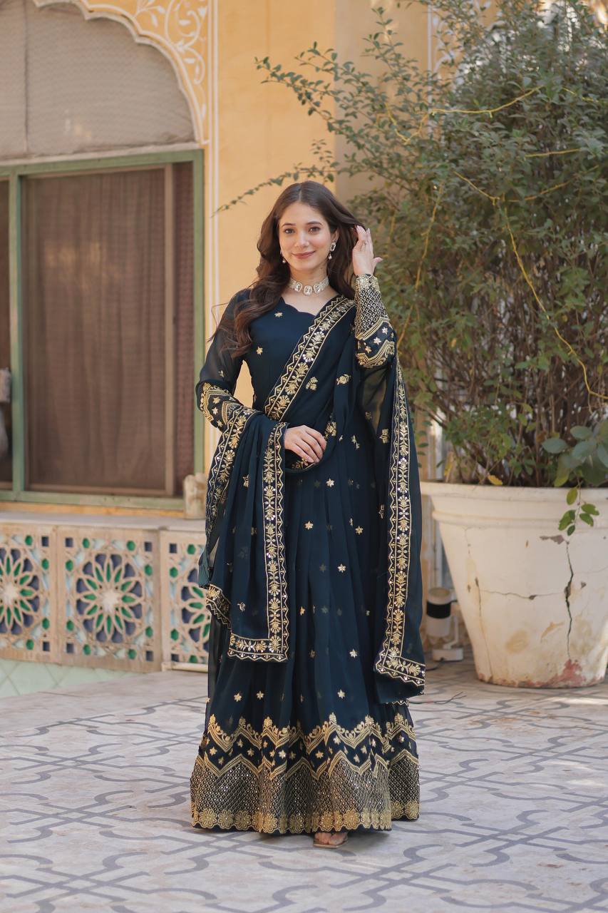 Elegant Faux Blooming Georgette Embroidered Gown Set with Dupatta