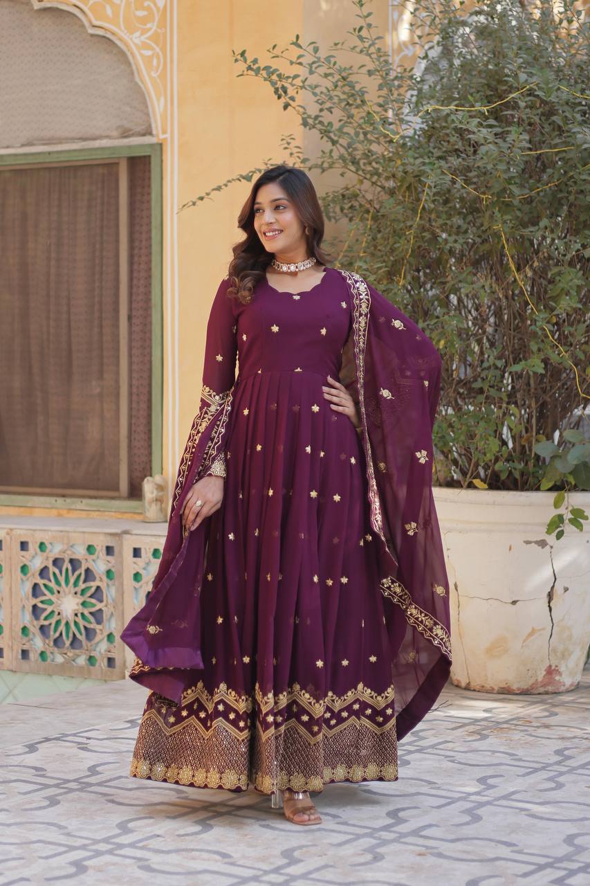 Elegant Faux Blooming Georgette Embroidered Gown Set with Dupatta