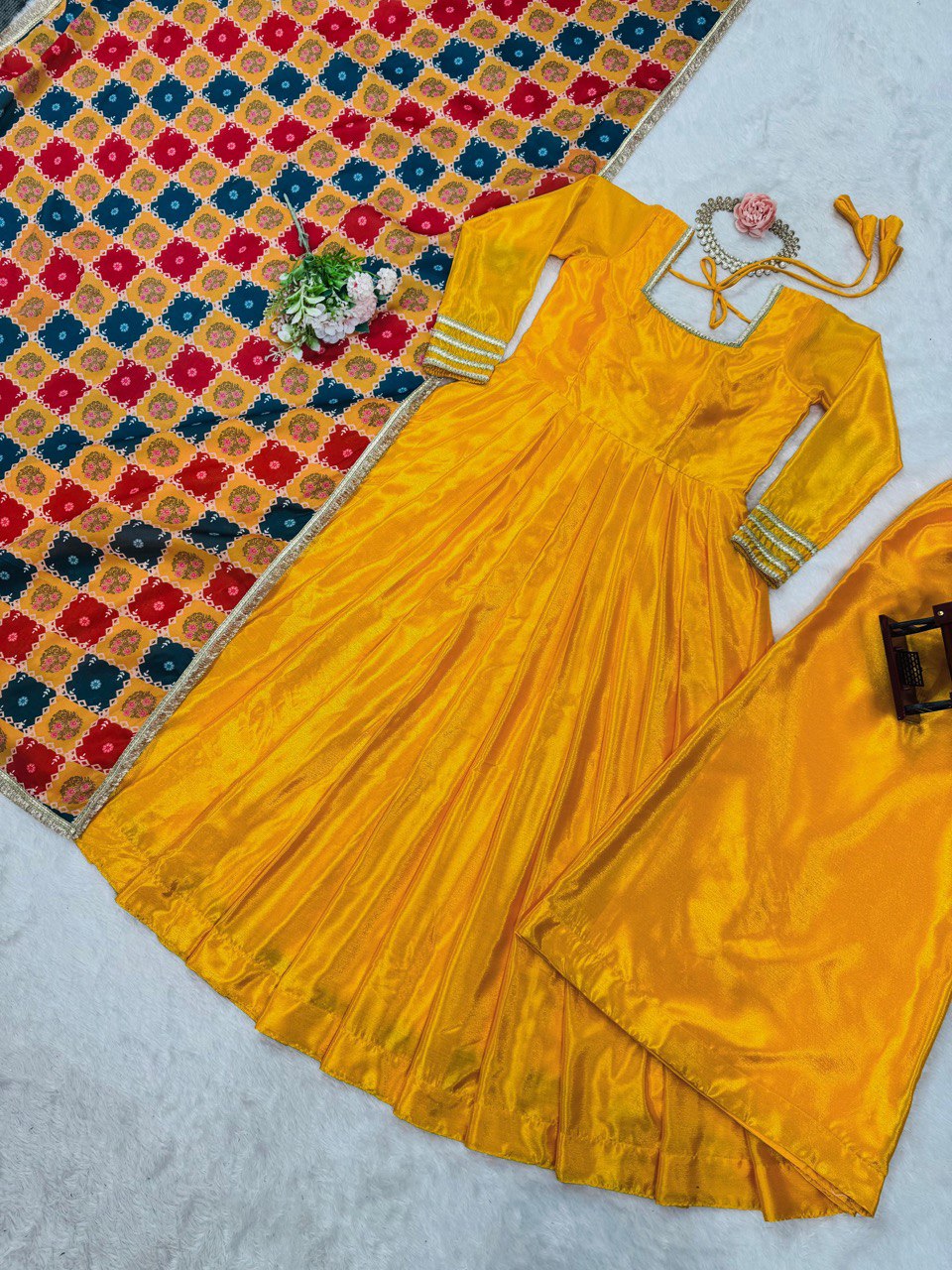 "Chinon Silk Elegance: Top, Plazo, and Dupatta Set"