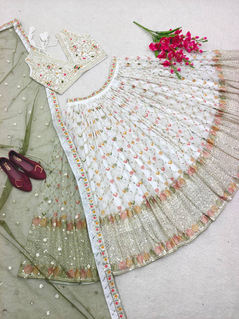 "Elegant Fox Georgette Lehenga Set with Siqwans Embroidery & Fancy Latkan Dori"