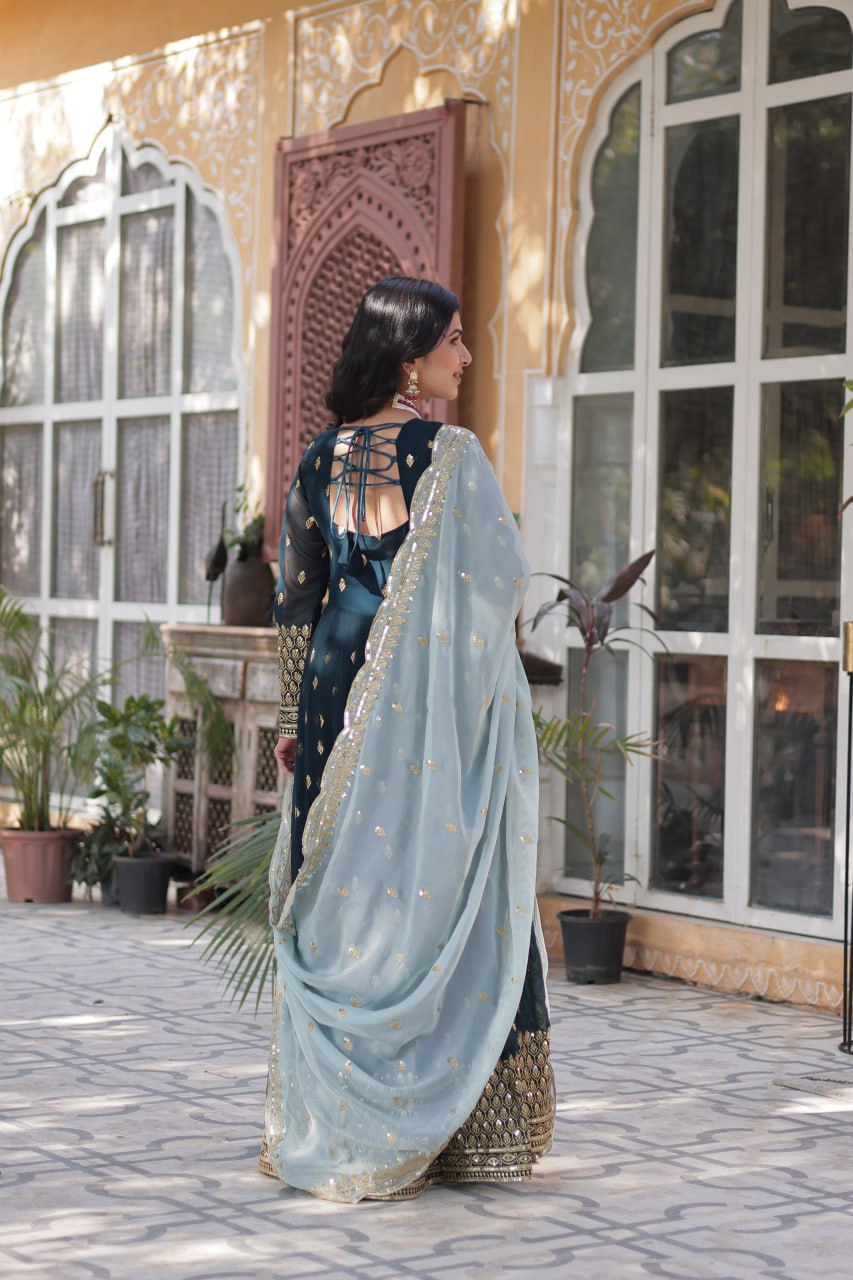 “Elegant Faux Blooming Embroidered Gown with Tabby Silk Dupatta”