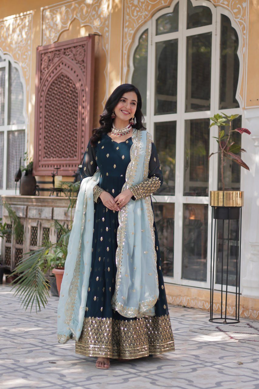 “Elegant Faux Blooming Embroidered Gown with Tabby Silk Dupatta”