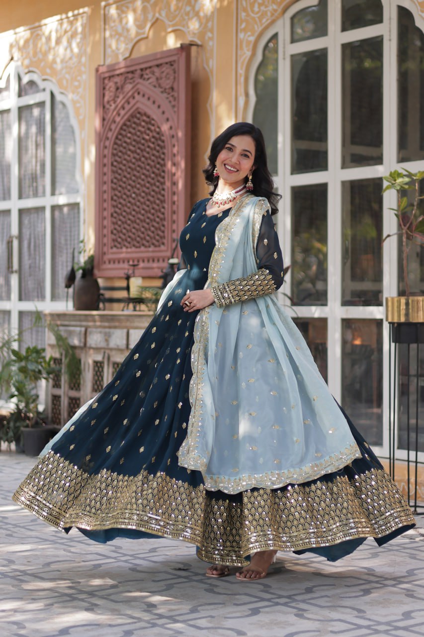“Elegant Faux Blooming Embroidered Gown with Tabby Silk Dupatta”