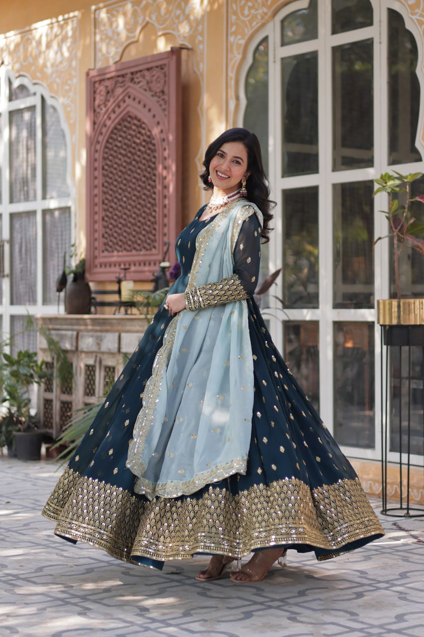 “Elegant Faux Blooming Embroidered Gown with Tabby Silk Dupatta”