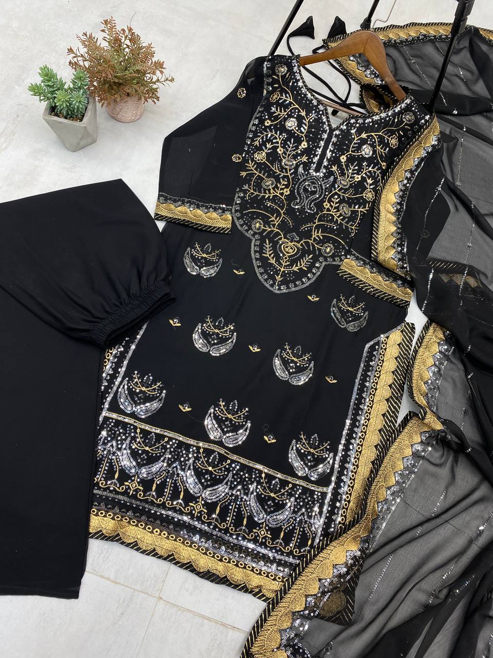 "Elegant Faux Georgette Embroidered Suit Set with Silk Inner & Sequence Work"