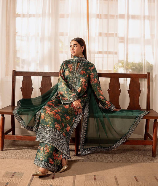 "Luxe Threaded Silk Set with Digital Print"