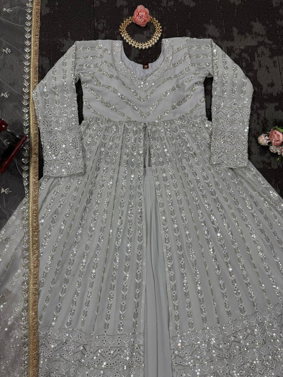 "Elegant Foux Gorgette Lehenga Choli Set with Sequenced Detailing"