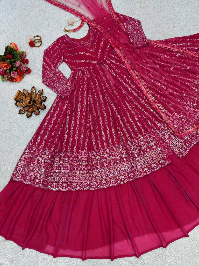 "Elegant Foux Gorgette Lehenga Choli Set with Sequenced Detailing"