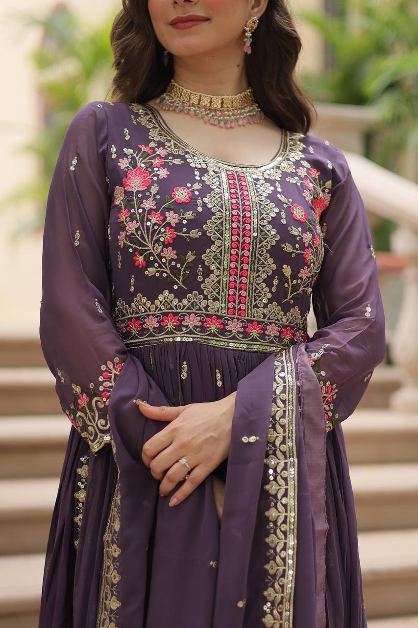 "Elegant Faux Georgette Kurti, Sharara, and Dupatta Set with Sequins Embroidery"