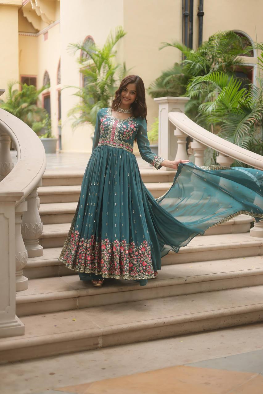 "Elegant Faux Georgette Kurti, Sharara, and Dupatta Set with Sequins Embroidery"