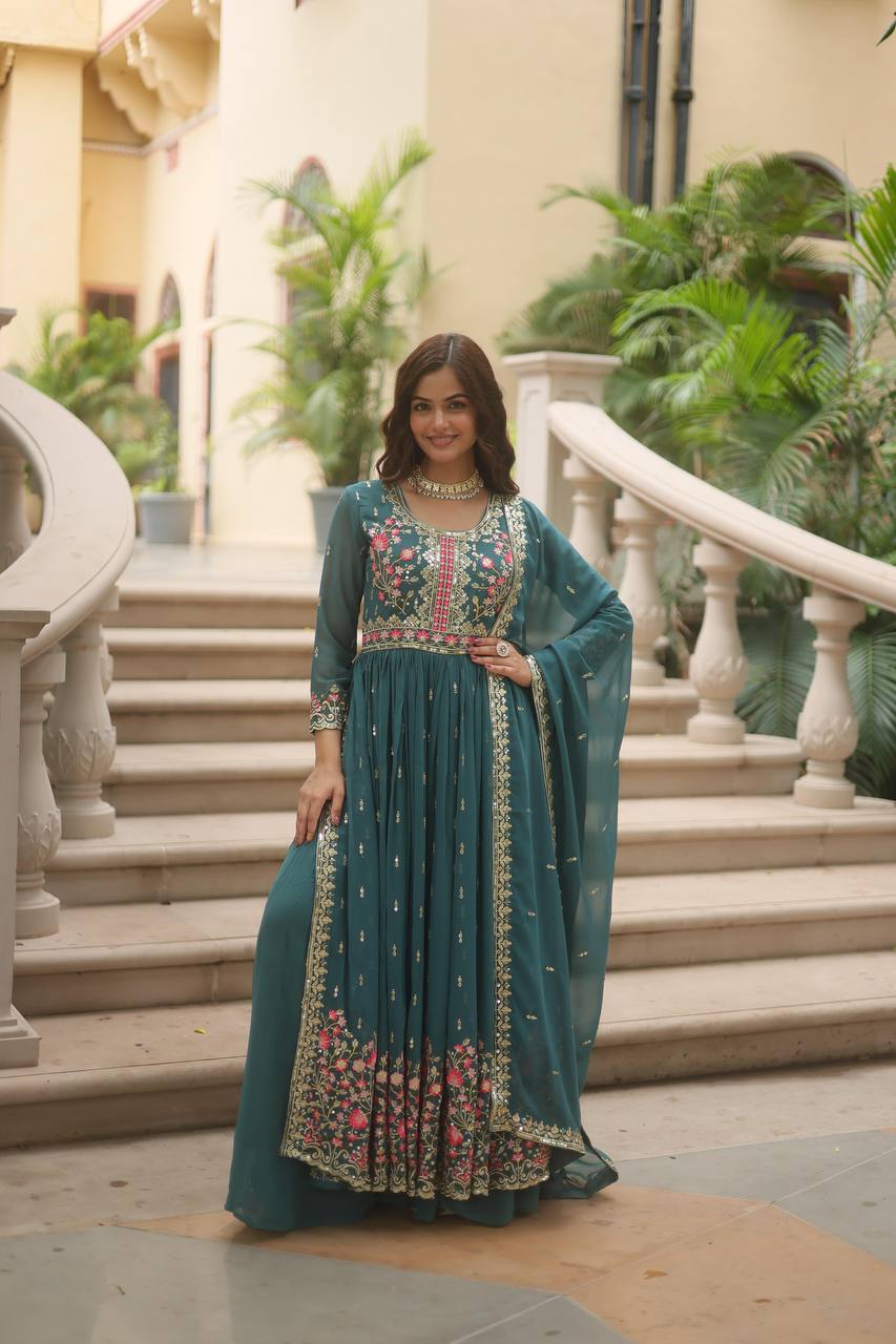 "Elegant Faux Georgette Kurti, Sharara, and Dupatta Set with Sequins Embroidery"