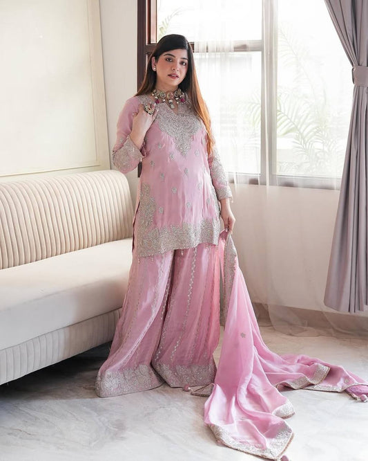 Chinnon silk kurta sharara with dupatta sets