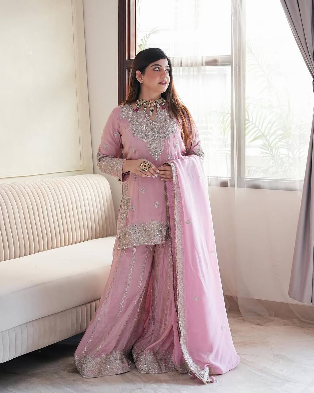 Chinnon silk kurta sharara with dupatta sets