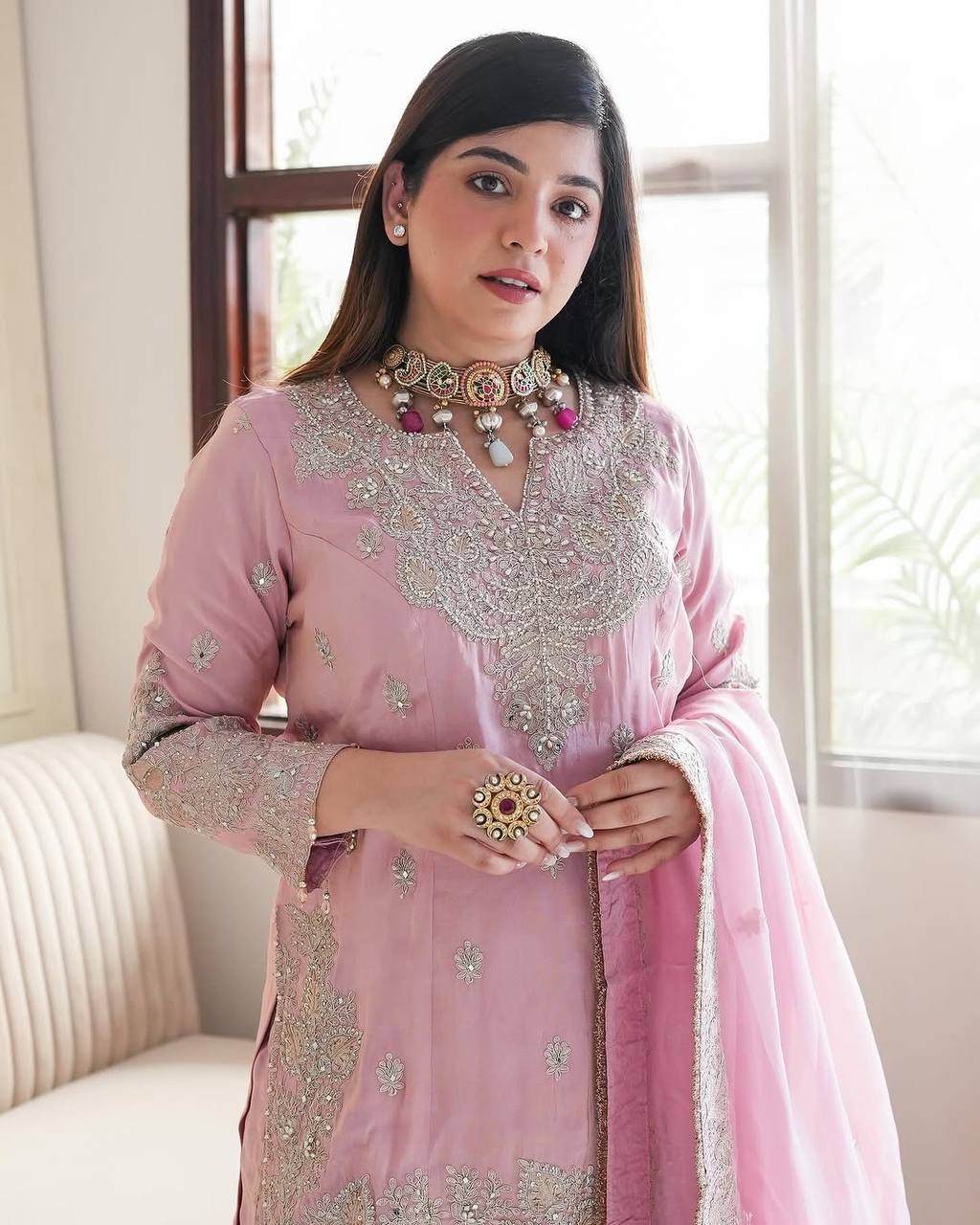 Heavy Chinon Silk with heavy embroidery sequence work Kurta Sharara with Dupatta
