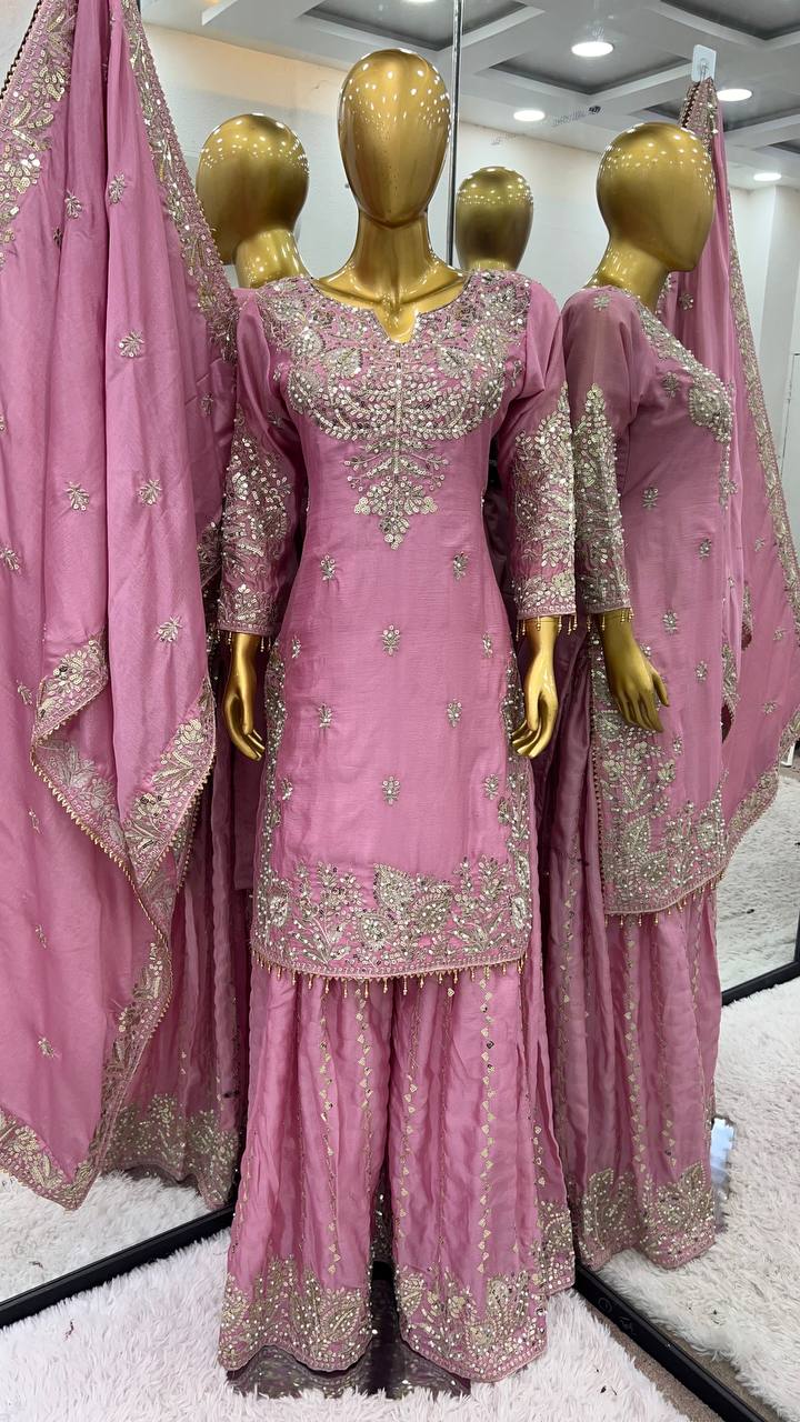 Heavy Chinon Silk with heavy embroidery sequence work Kurta Sharara with Dupatta