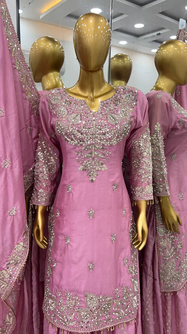 Chinnon silk kurta sharara with dupatta sets