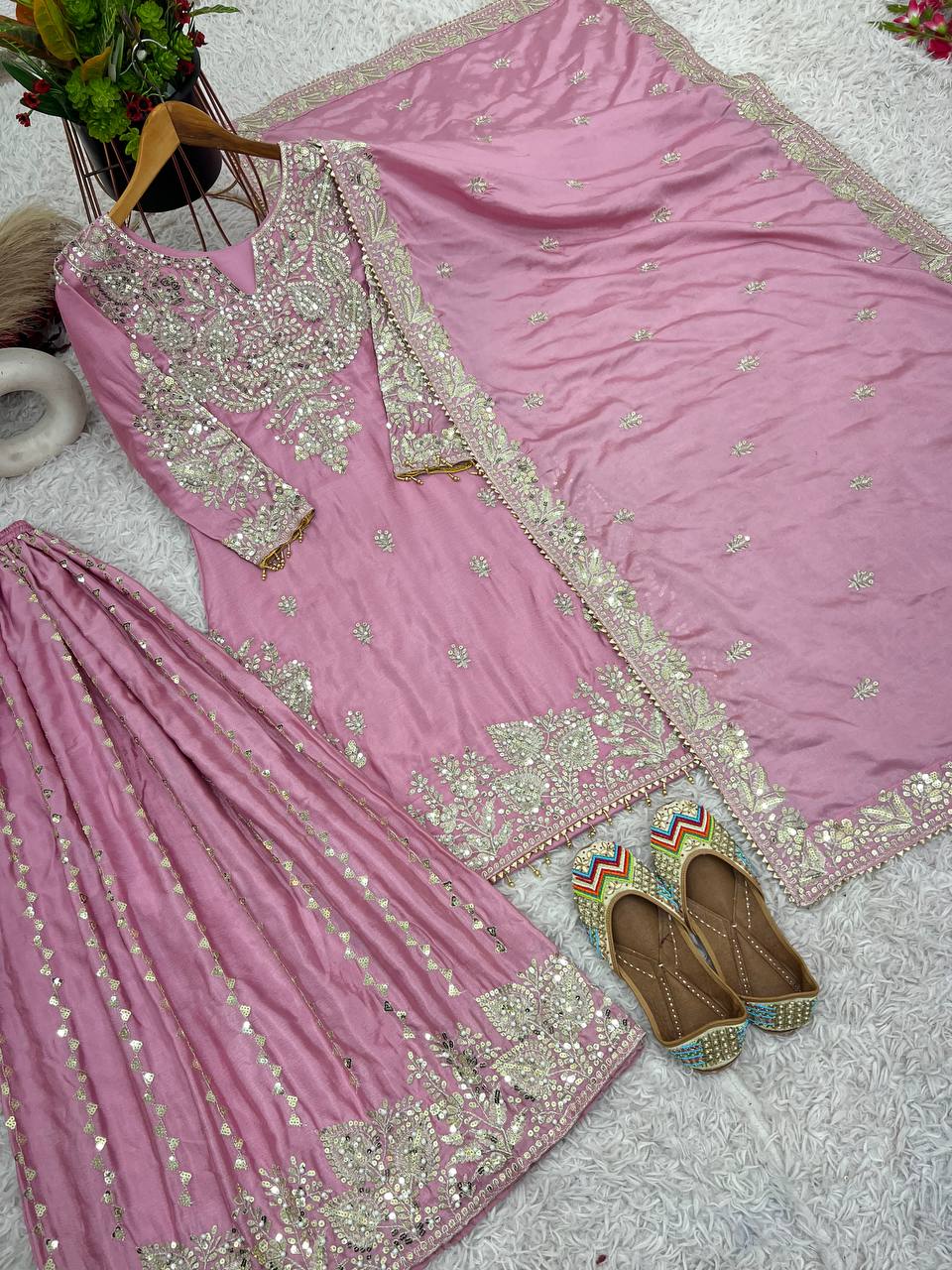 Heavy Chinon Silk with heavy embroidery sequence work Kurta Sharara with Dupatta