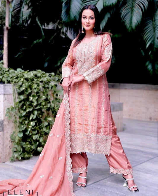 "Elegant Pure Cinon Silk Set with Heavy Embroidery & Sequence Work"