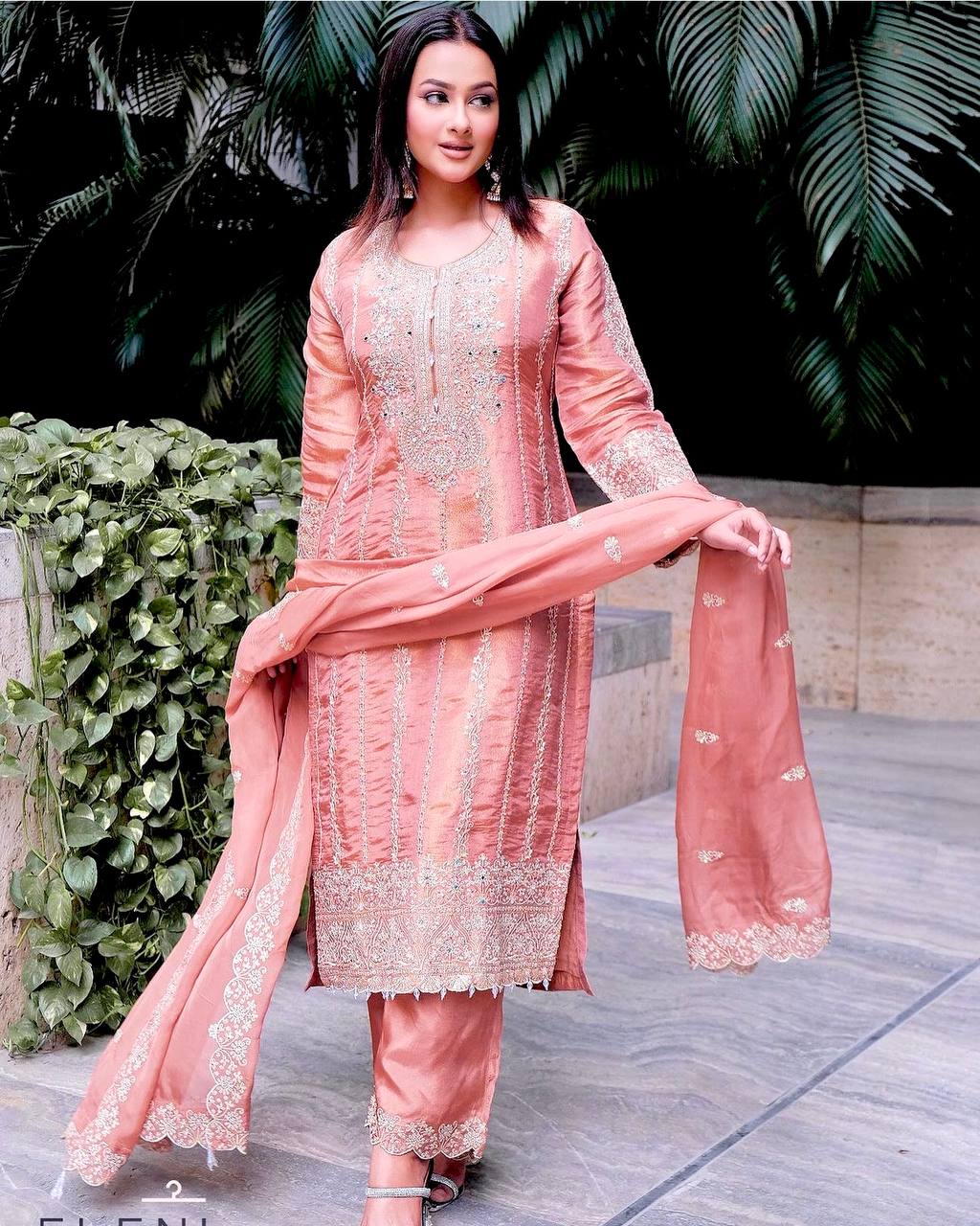 "Elegant Pure Cinon Silk Set with Heavy Embroidery & Sequence Work"