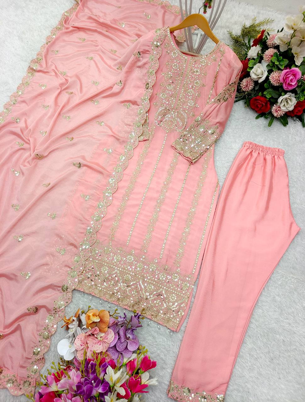 "Elegant Pure Cinon Silk Set with Heavy Embroidery & Sequence Work"