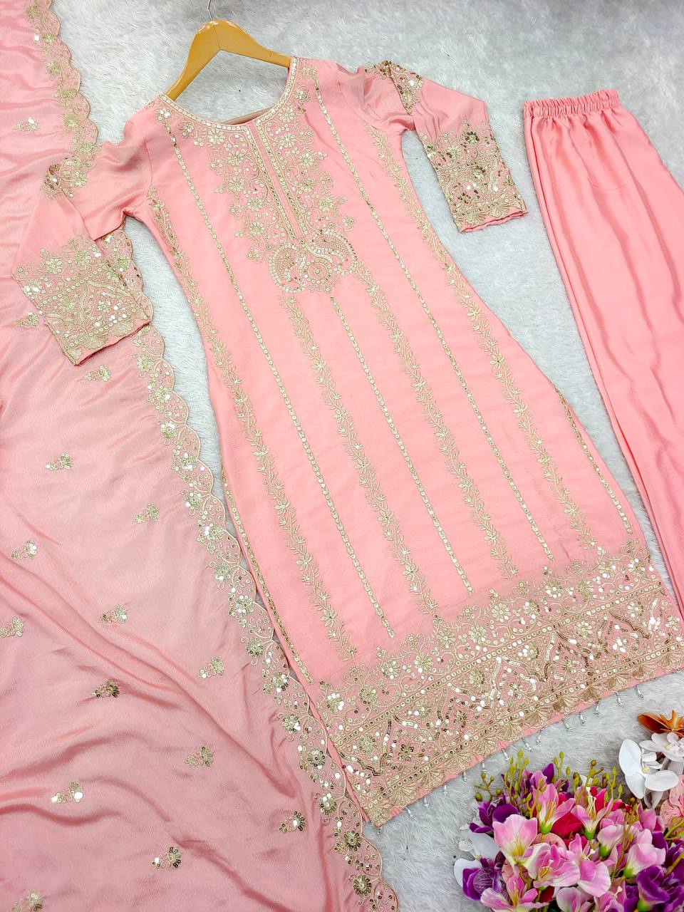"Elegant Pure Cinon Silk Set with Heavy Embroidery & Sequence Work"