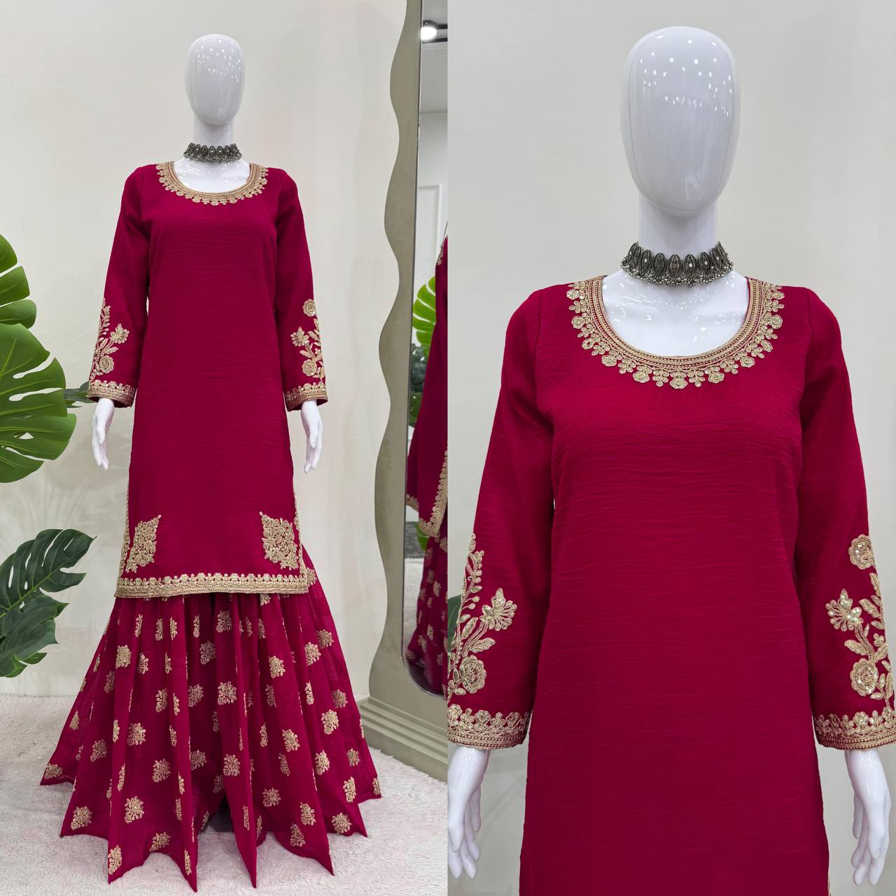 Elegant Crunchy Silk Top and Sharara Set with Coding Dori and Sequence