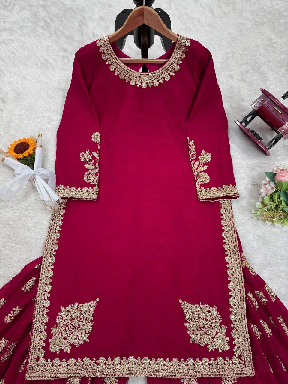 "Elegant Crunch Silk Ensemble with Coding Dori and Sequins"