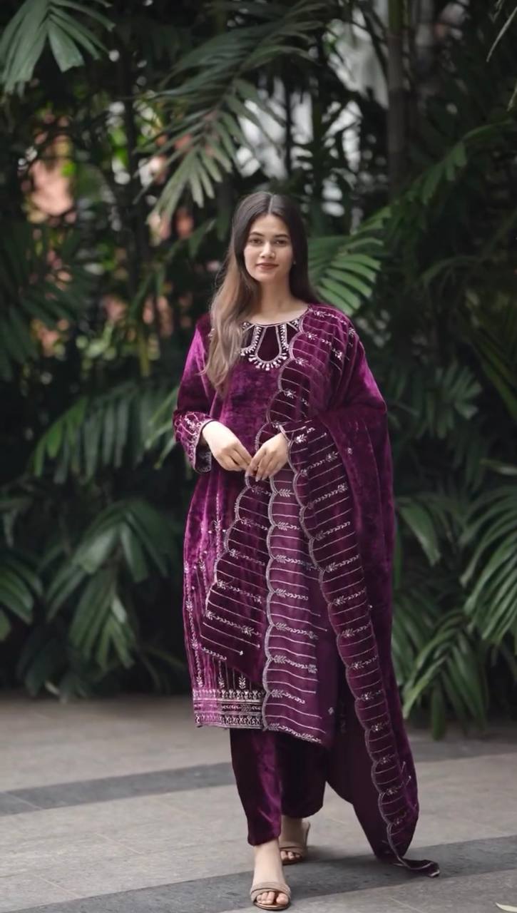 "Elegant Embroidered Viscose Velvet Ensemble"