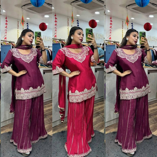 "Elegant Pure Chinnon Silk Sharara Set with Heavy Embroidery & Sequins"