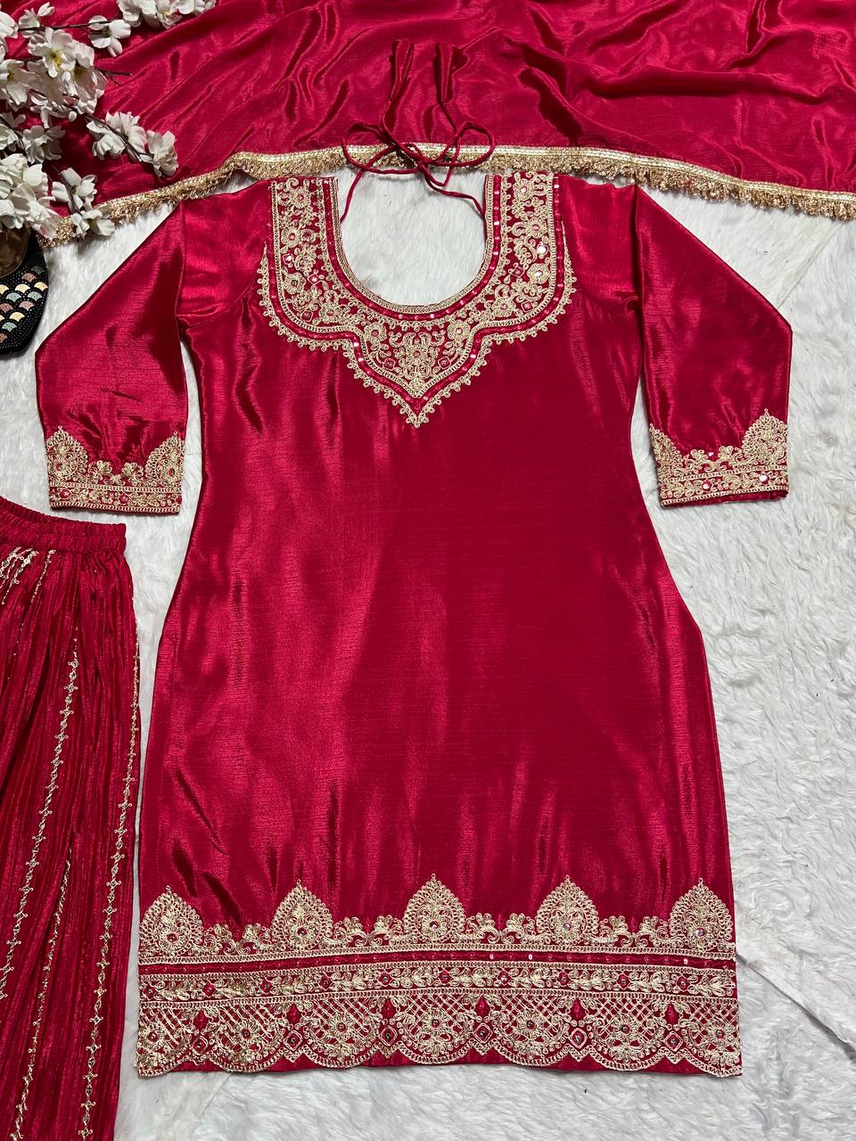 "Elegant Pure Chinnon Silk Sharara Set with Heavy Embroidery & Sequins"