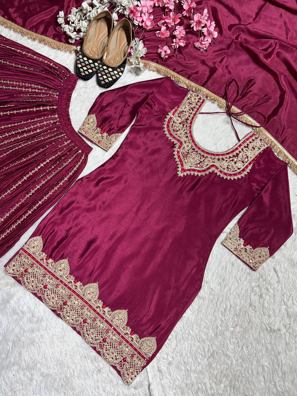 "Elegant Pure Chinnon Silk Sharara Set with Heavy Embroidery & Sequins"