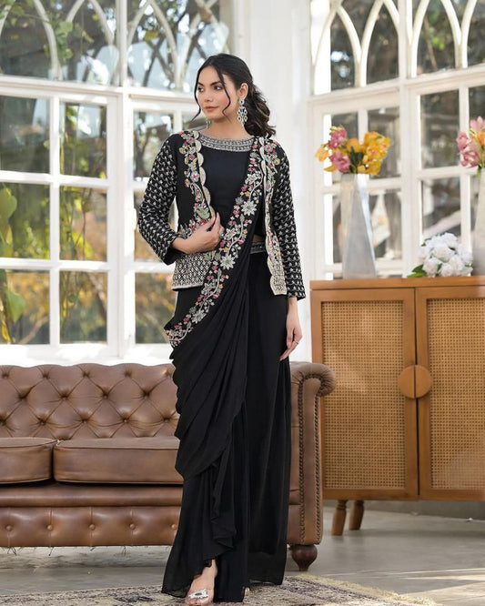 "Elegant Heavy Chinon Sarara Set with Embroidered Dupatta and Koti"