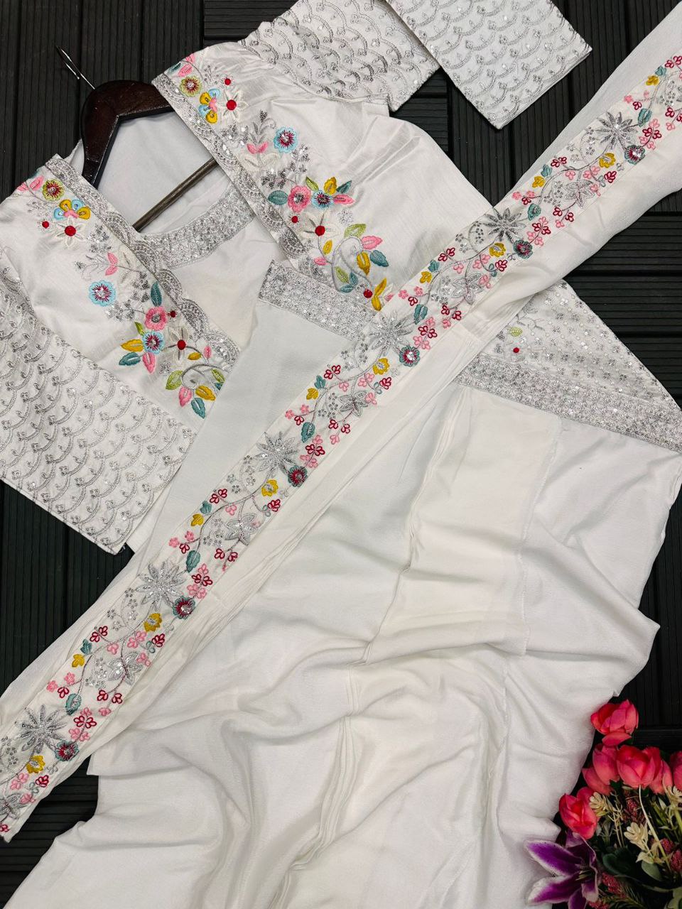 "Elegant Heavy Chinon Sarara Set with Embroidered Dupatta and Koti"