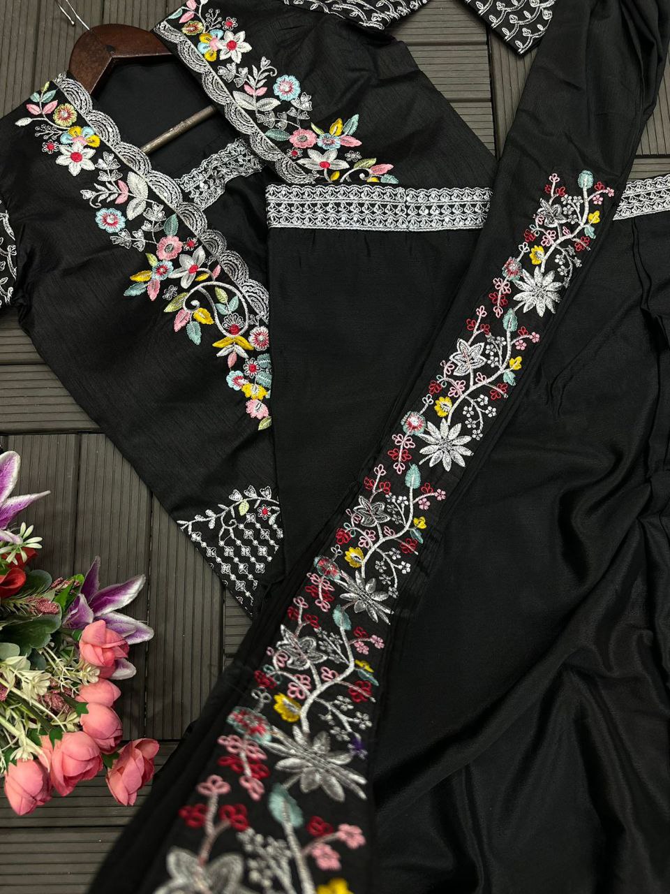 "Elegant Heavy Chinon Sarara Set with Embroidered Dupatta and Koti"