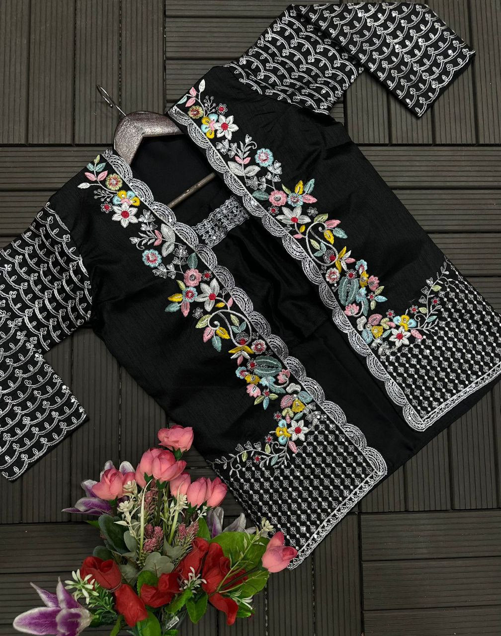 "Elegant Heavy Chinon Sarara Set with Embroidered Dupatta and Koti"