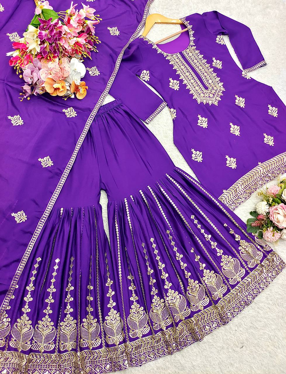 "Elegant Pure Cinon Silk Embroidered Top, Sarara, and Dupatta Set"