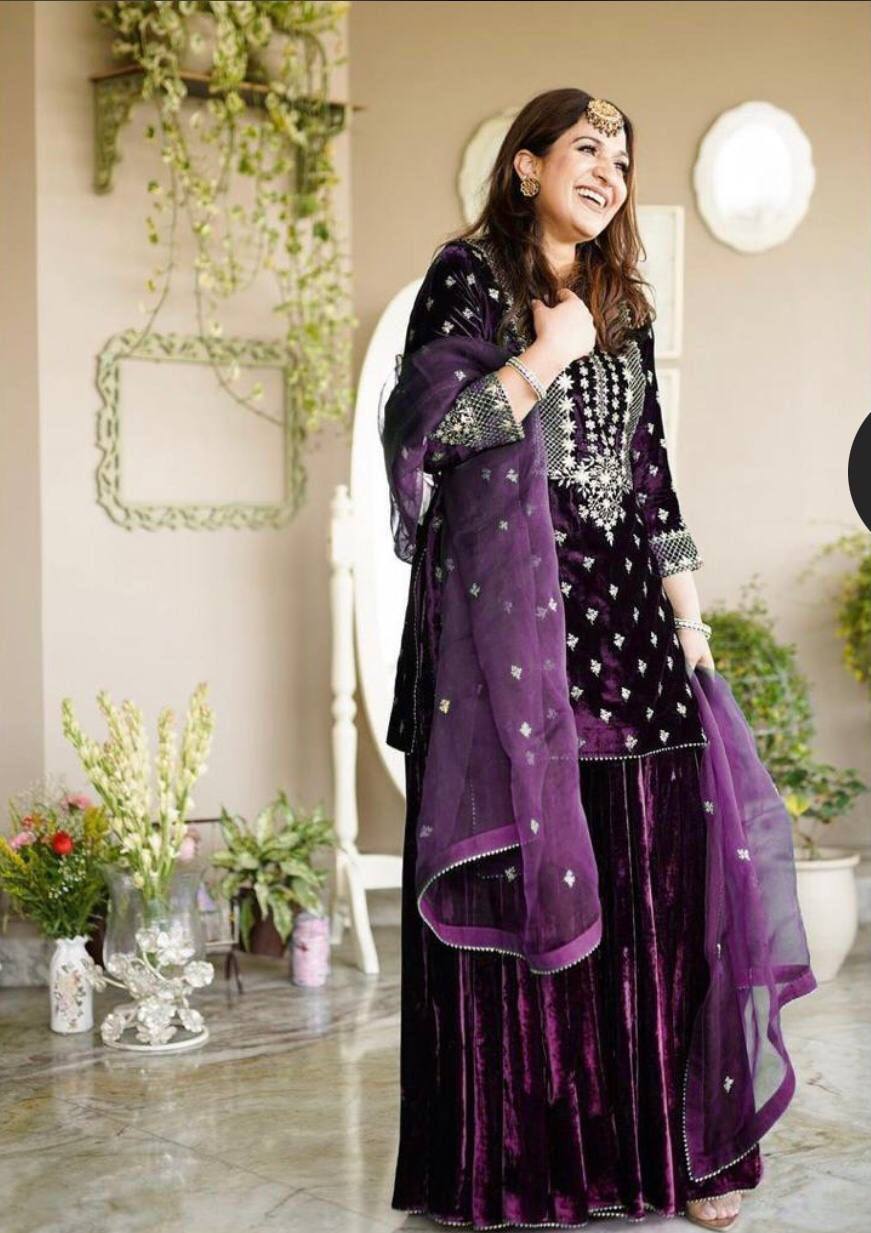 "Elegant 9Thoujent Viscos Velvet Sharara Set with Embroidery & Fancy Detailing"