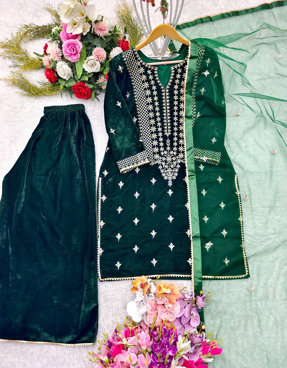 "Elegant 9Thoujent Viscos Velvet Sharara Set with Embroidery & Fancy Detailing"