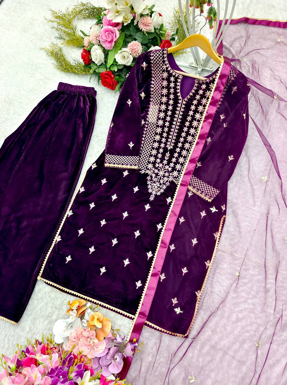 "Elegant 9Thoujent Viscos Velvet Sharara Set with Embroidery & Fancy Detailing"