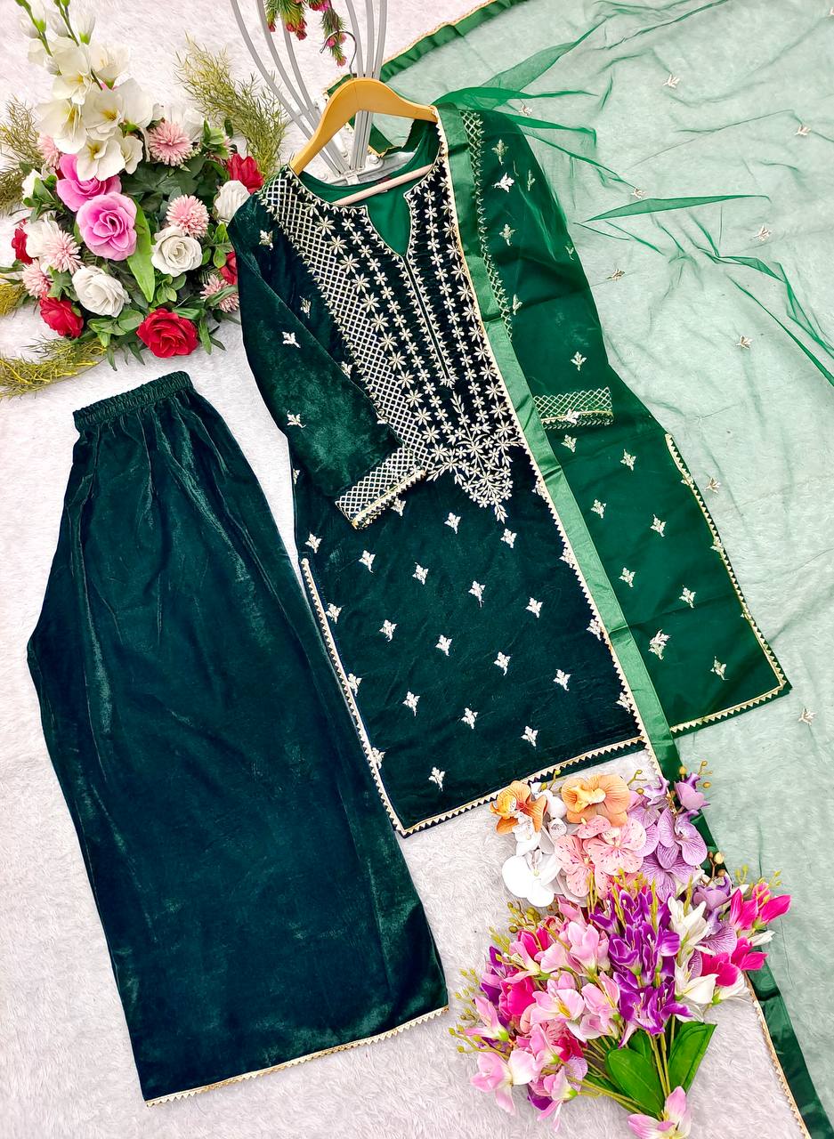 "Elegant 9Thoujent Viscos Velvet Sharara Set with Embroidery & Fancy Detailing"