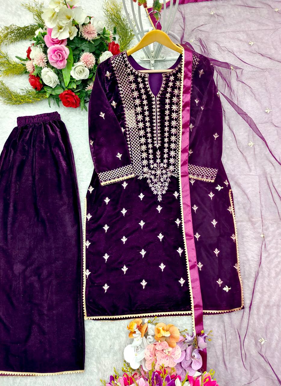 "Elegant 9Thoujent Viscos Velvet Sharara Set with Embroidery & Fancy Detailing"