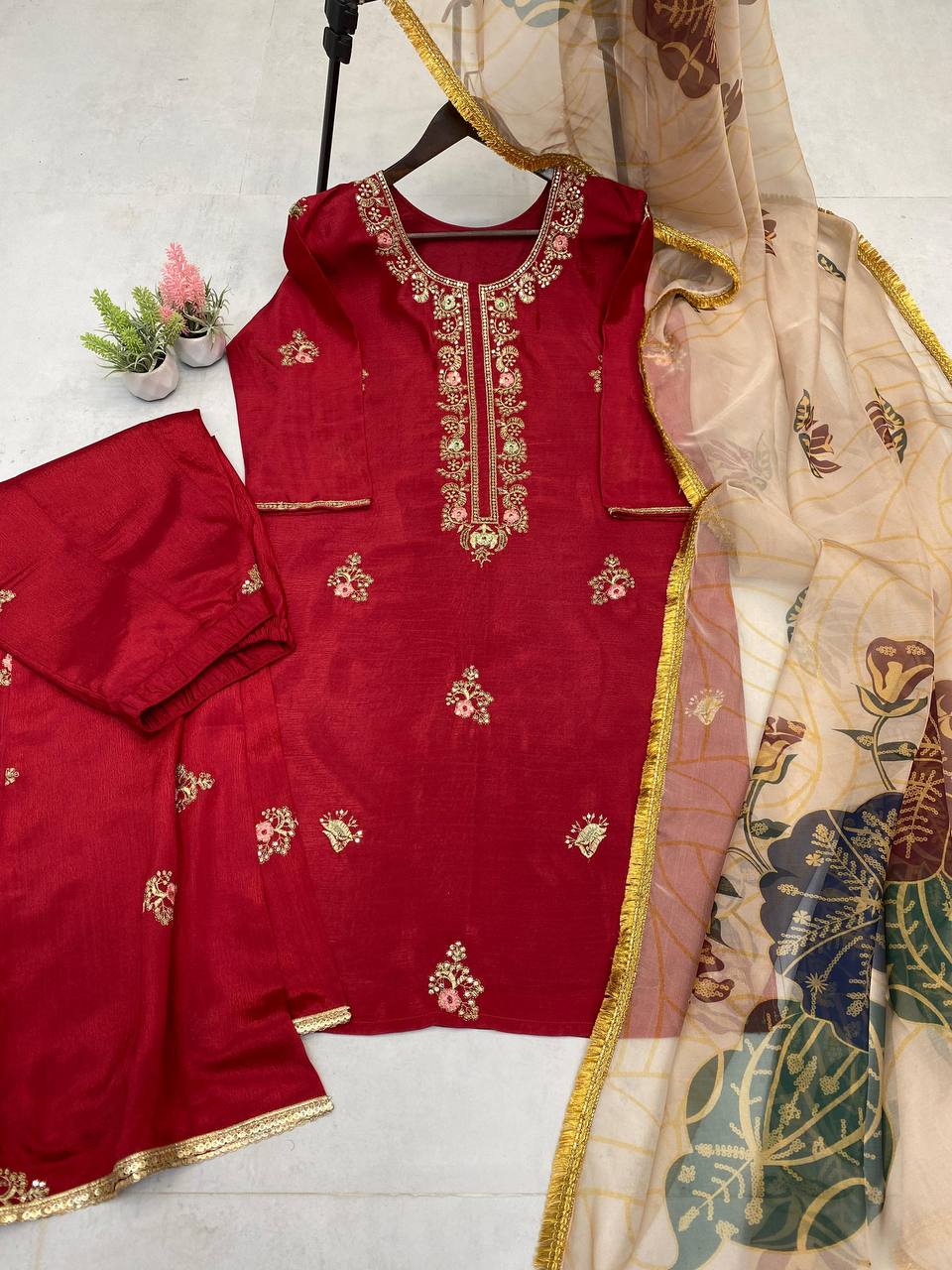 "Elegant Chinon Embroidered Sequence Suit Set with Lace-Trimmed Plazzo and Organza Dupatta"